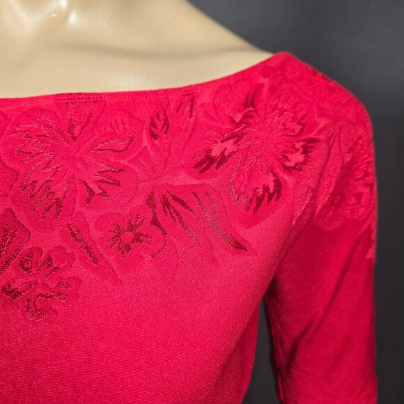 Vintage 90s Y2K Red One Shoulder Top Floral Design Size M Stretch Short Sleeve - Picture 4 of 9